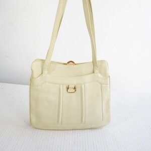 Vintage Lou Taylor Cream Leather Shoulder Bag Gold Hardware Snap Closure Mirror
